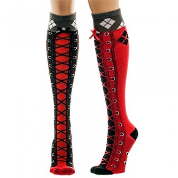 DC Comics Harley Quinn Faux Lace Up Knee High Boot Socks with Cuff