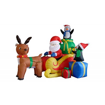 6 Foot Long Christmas Inflatable Santa on Sleigh with Reindeer and Penguins Yard Decoration