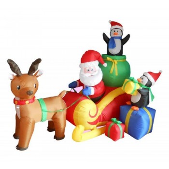 6 Foot Long Christmas Inflatable Santa on Sleigh with Reindeer and Penguins Yard Decoration