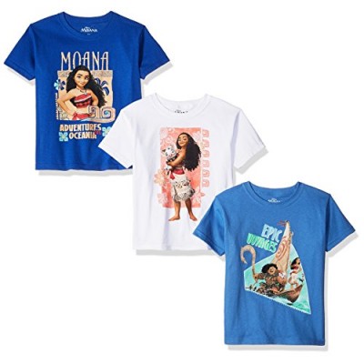 Disney Little Girls' Moana 3-Pack Short Sleeve Graphic T-Shirt, Royal/Blue/White, 6X
