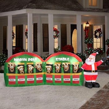 Gemmy Inflateables Holiday G08 89984 Air Blown Santa In Stable with 8 Reindeers Giant Decor