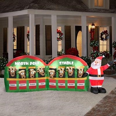 Gemmy Inflateables Holiday G08 89984 Air Blown Santa In Stable with 8 Reindeers Giant Decor