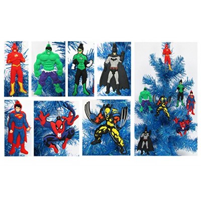 Super Hero 7 Piece Christmas Ornament Set with Flash, Hulk, Green Lantern, Batman, Superman, Spiderman, and Wolverine - Unique Shatterproof Plastic...