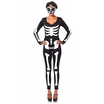 Leg Avenue Women's Spandex Printed Glow-In-The-Dark Skeleton Catsuit, Black/White, Small