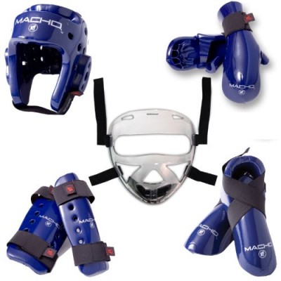 Macho Dyna 8 piece sparring gear set with shin guards and face shield blue child small