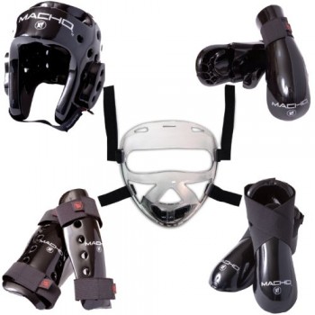 Macho Dyna 8 piece sparring gear set with shin guards and face shield blue child small