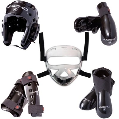 Macho Dyna 8 piece sparring gear set with shin guards and face shield blue child small