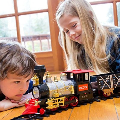 MOTA Classic Holiday Christmas Train Set with Real Smoke - Authentic Lights, and Sounds - A Full Set with Locomotive Engine, Cargo Cars, Tracks and...