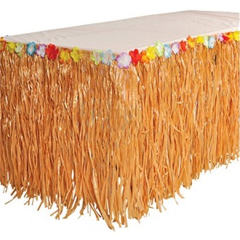 RINCO Luau Natural Color Grass Table Skirt Decoration with Tropical Flowers, 9' x 29"