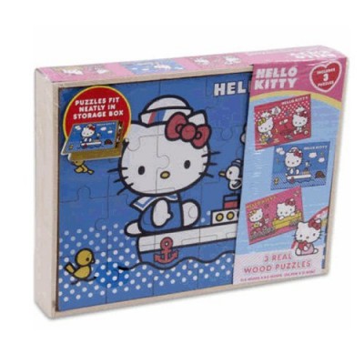 Sanrio 3 PCS Hello Kitty Real Wood Jigsaw Puzzles in Wooden Storage