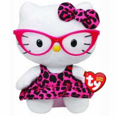 Ty Beanie Baby Hello Kitty Plush -Pink Leopard Nerd with Glasses